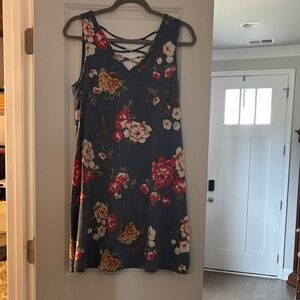 Sleeveless Navy Floral Midi Dress with Crisscross V-Neck